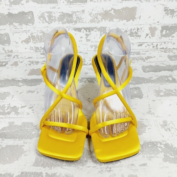 New Proenza Schouler Women Yellow Strappy Square Toe Satin Sandal H715 - Picture 3 of 13